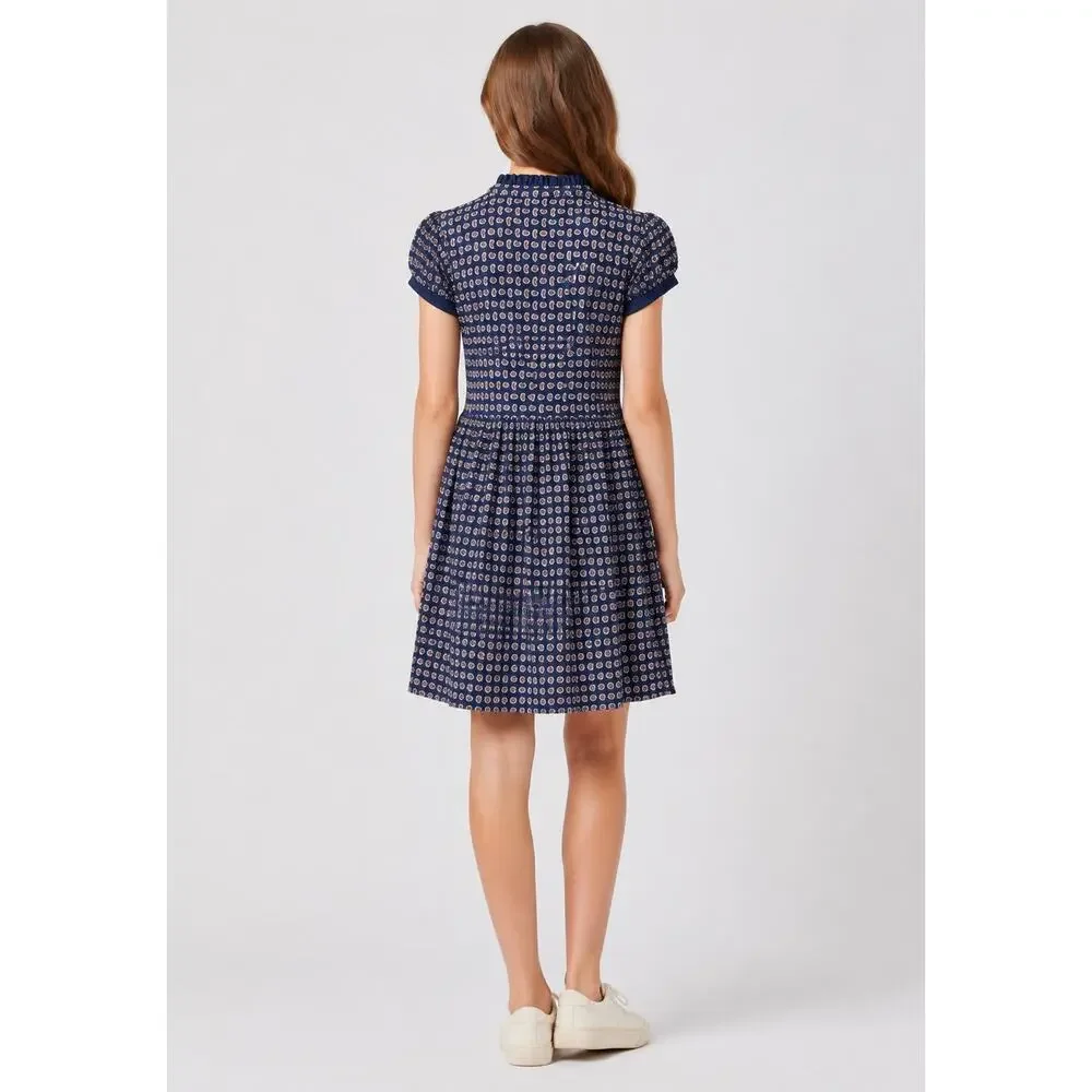 RALPH LAUREN Girls Dress Navy Blue Pink Paisley Ruffle Pony Logo Puff Sleeve 6